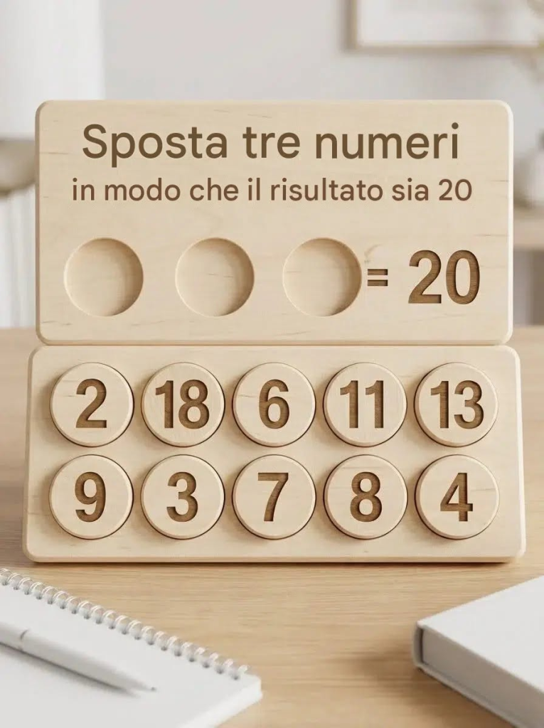 Riuscirai a risolvere questo misterioso rompicapo matematico in legno? Sposta tre numeri in modo che il risultato sia 20!